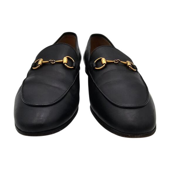 Gucci Jordaan Horsebit Slip On Flat Loafer Black Leather Gold Size 37 US 7 - Picture 5 of 12